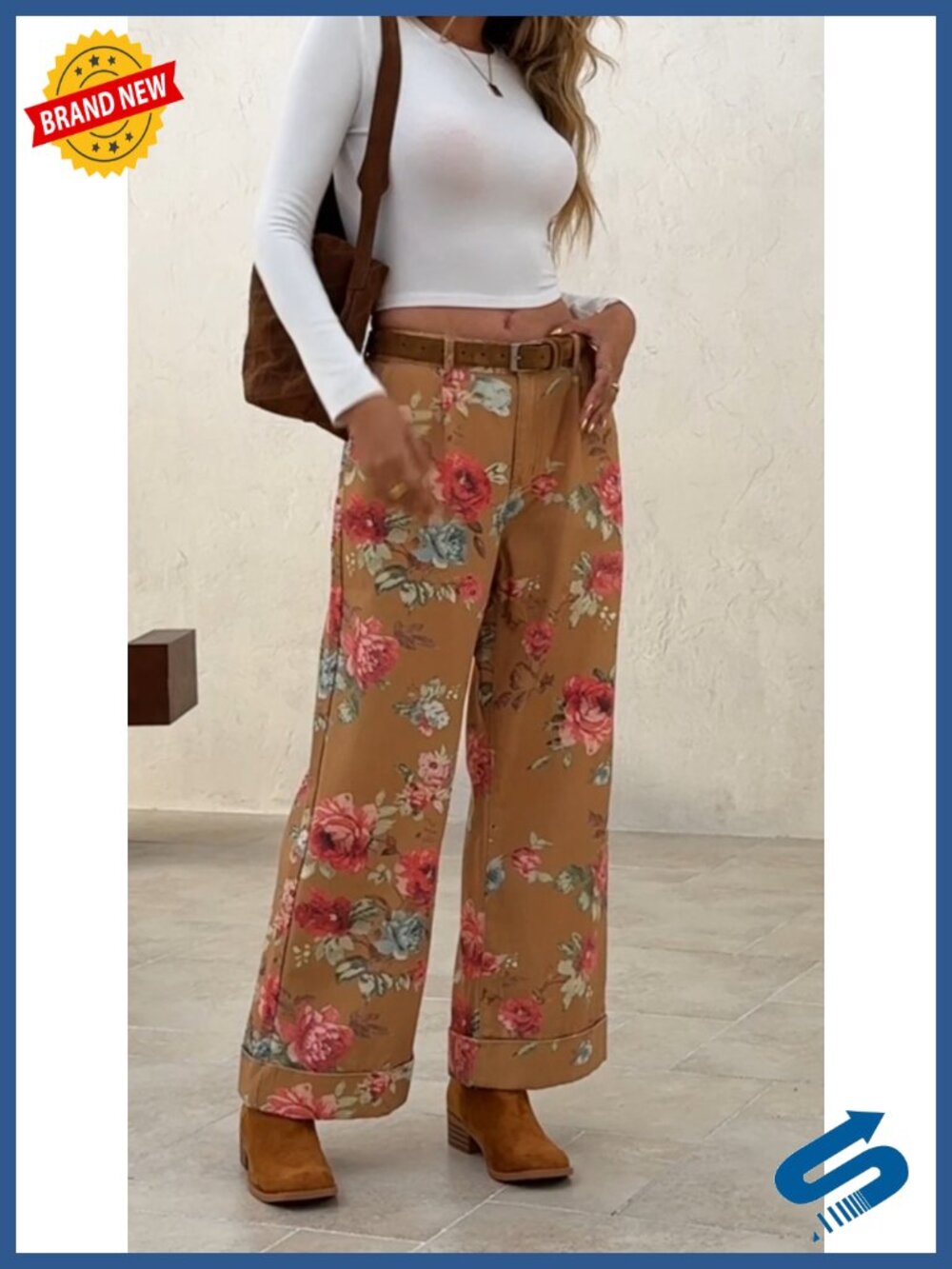 High Waisted Floral Baggy Wide Leg Jeans Cotton Blend Denim Boho Pants - Picture 5 of 5